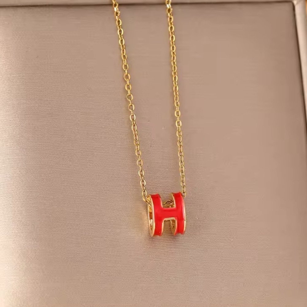 18K Gold Mini Red Enameled Minimalist Letter H Shaped Pendant Necklace